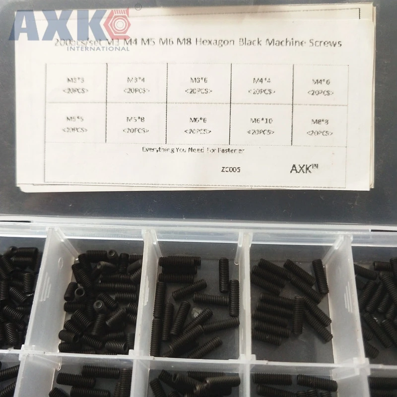 

AXK 200pcs/set M3 M4 M5 M6 M8 Hex Socket Screws Bolts Cup Point Assortment Kit Black Fastener Hardware With Box ZC005