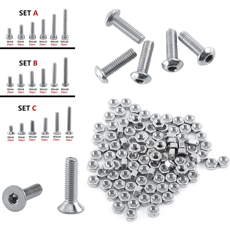 250pc/set A2 Stainless Steel M3 Cap/Button/Flat Head Screws Sets Hex Socket Bolt With Hex Nuts Assortment Kit Mayitr