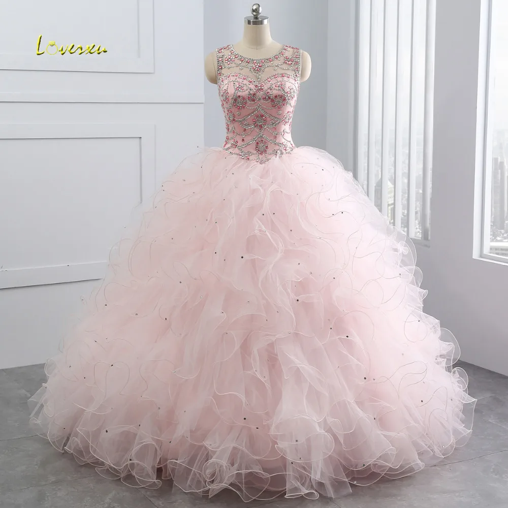 

Loverxu Scoop Neck Vintage Ruffles Ball Gown Quinceanera Gown 2019 Beaded Sequined Organza Debutante Dress For 15 Year Plus Size