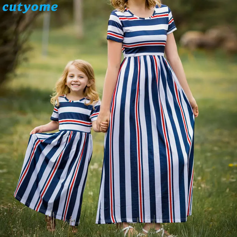 

Mom And Daughter Family Matching Clothes Striped Short Sleeve Dress For Mother Daughter Summer Look Dresses Mommy And Me Outfits