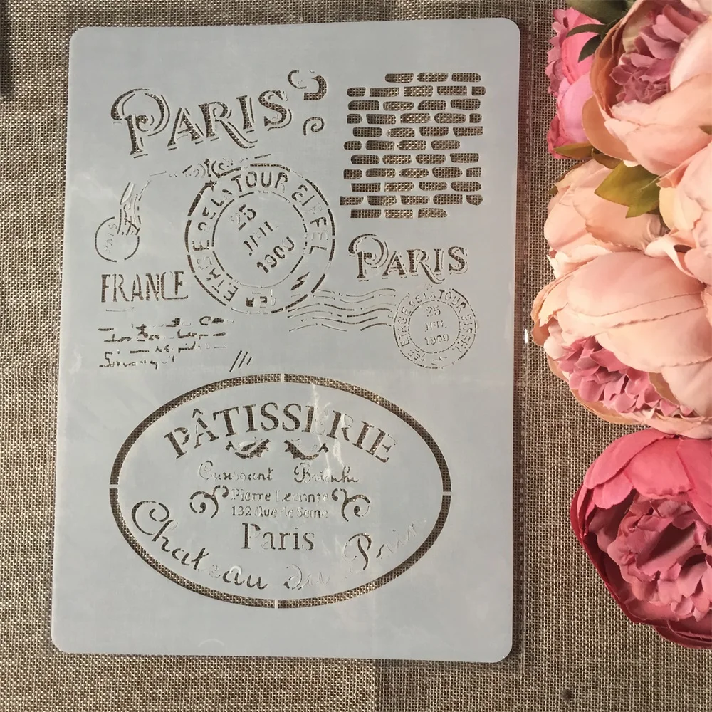 

1Pcs A4 Paris Post Stamp DIY Layering Stencils Wall Painting Scrapbook Coloring Embossing Album Decorative Paper Card Template