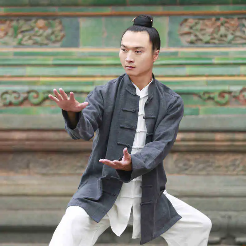 

Top Grade Chinese Kung Fu Jacket Thick Linen Tai Chi Clothing tang Tops Long Sleeve Martial Arts Shirts Wing chun Coat for men