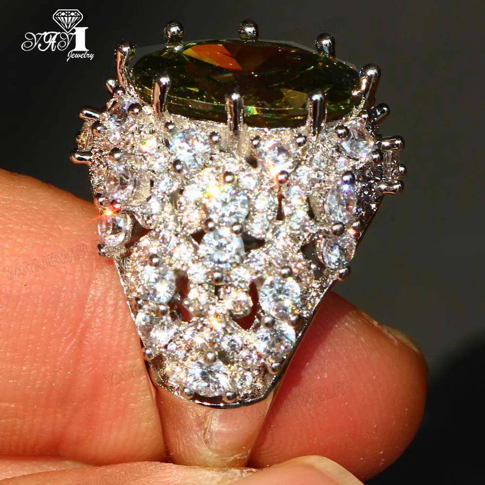YaYI Jewelry Princess Cut Huge Green Peridot Zircon Silver Color Engagement Wedding Heart Girls Party Rings Gifts