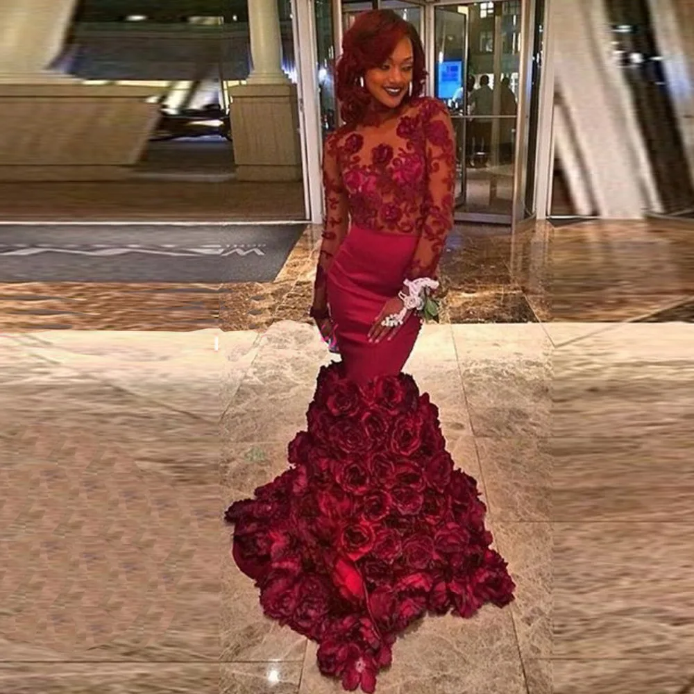 Sexy Backless Mermaid Burgundy Flower Prom Dresses Custom 