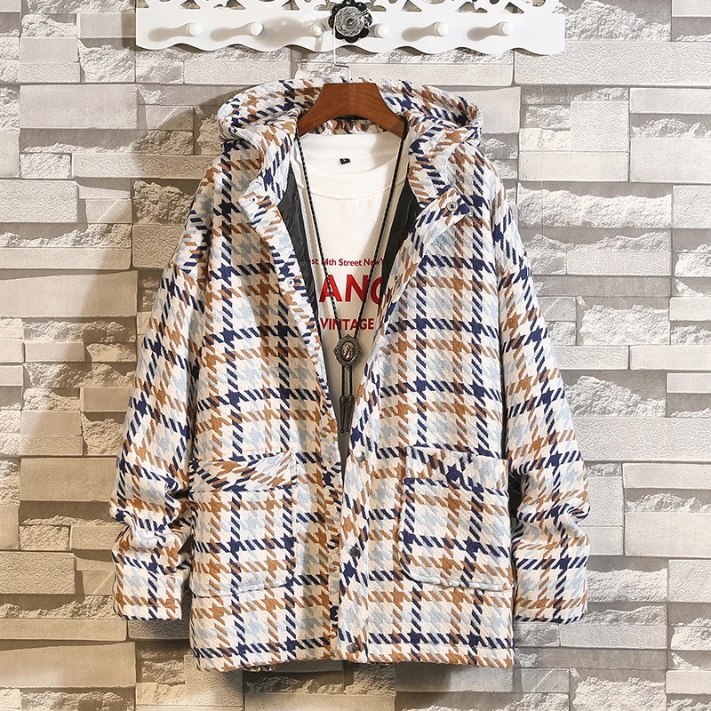 Мужской Тренч с капюшоном, зимнее пальто с узором «гусиная лапка», Мужская модная однобортная куртка, 4XL 5XL, большие пальто#3079