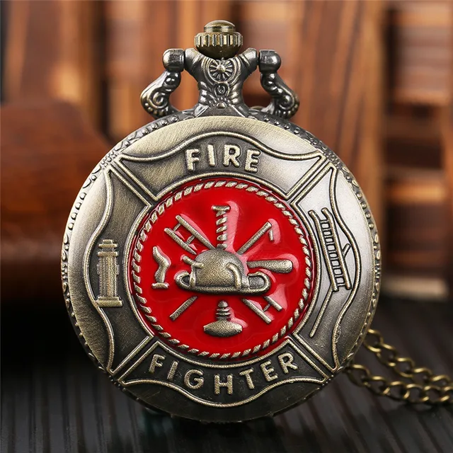 Antique Bronze Pocket Watch Classic Red Fire Fighter Symbol Carving Slim Necklac Antique Bronze Pocket Watch Classic Red Fire Fighter Symbol Carving Slim Necklac