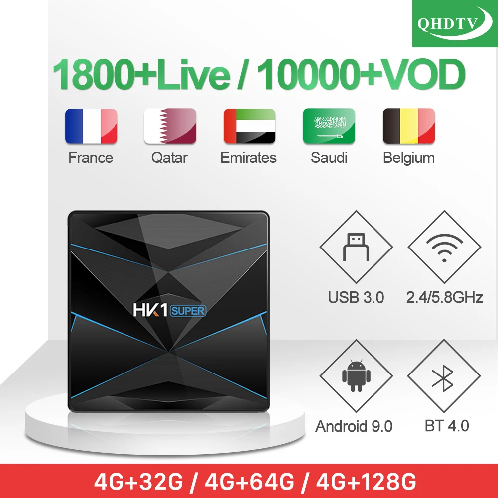 QHDTV IPTV France Arabic Netherlands IP TV HK1 Super Smart TV Box Android 9.0 BT4.0 Belgium Morocco Italy IPTV Subscription Box