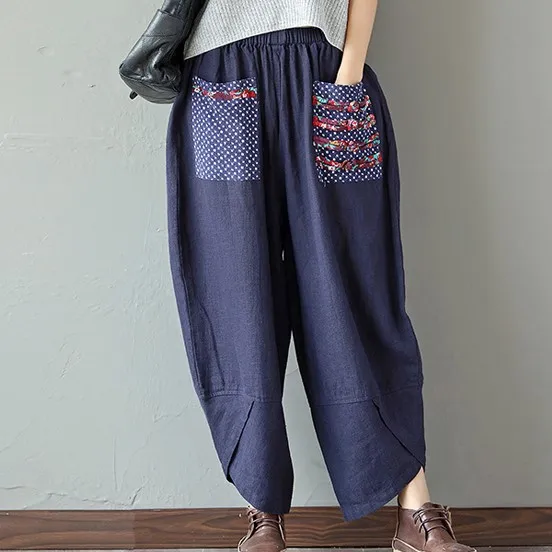 Clobee Ethnic Vintage Elastic Waist Wide Leg Pants Women