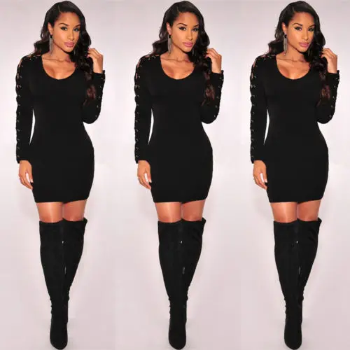 

New Women Summer Casual Evening Party Short Mini Dress Cross-Tied Long Sleeve O-Neck Dress