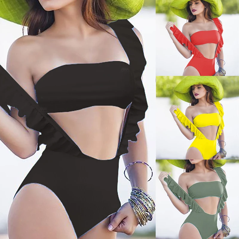 

Swimwear Women Bandeau Bikini Push Up Yellow Red Ruffle Swimsuit Sheer Bikini High Waist Summer Swimsuit Female Bathing Suit