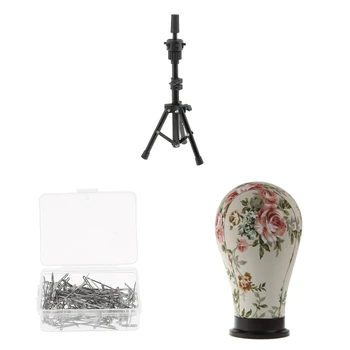 

23'' Cork Canvas Block Head Wig Making Manikin Display Model with Heavy Duty Tripod Stand & 100pcs T Needles