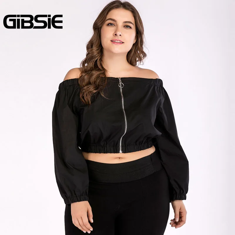 GIBSIE/женская одежда больших размеров, черный топ с открытыми плечами, футболки 4XL, Осенний женский короткий топ с длинными рукавами, Уличная Повседневная футболка - Цвет: Черный
