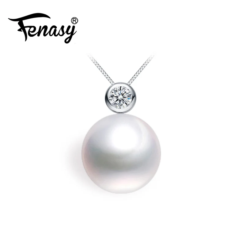 

FENASY 7-10MM Natural round pearl Jewelry geometric chain Necklaces & Pendant with 925 sterling silver pearl jewelry for women