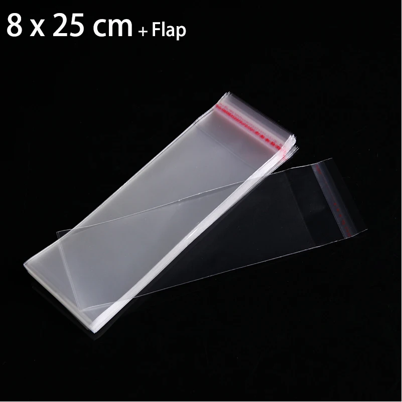 100pcs 8 x 25cm Clear Cello Cellophane Bag Self Adhesive Seal