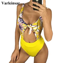 Желтый Печатный женский купальный костюм с высокой талией цельный купальный костюм женский завязанный купальный костюм в рубчик купальный костюм Женская одежда для плавания V1033