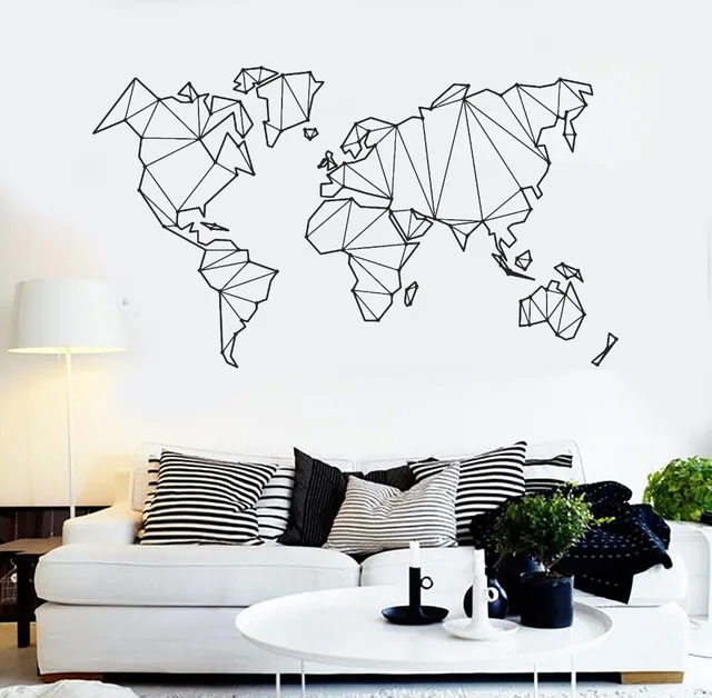 map of the world vinyl wall decal home decor living room geometric