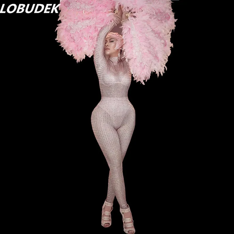 New Female Full Rhinestones Skinny Jumpsuit Pink Feathers Fans Headdress Stage Wear Singer Dancer Nightclub Costume Performance | Женская