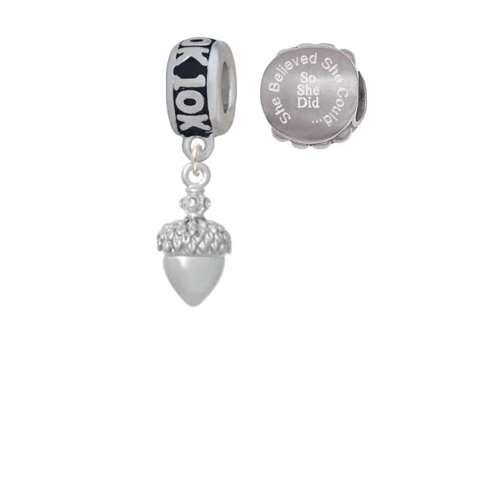 Silvertone Small Acorn with Crystals 10K Run She Believed She Could Charm Beads (Set of 2)