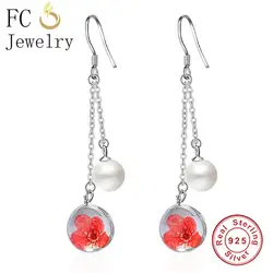 FC Jewelry 925 пробы серебро милые этнические имитация жемчуга стекло красный цветок Богемный кисточкой Висячие серьги для женщин Девушка Brinco 2018