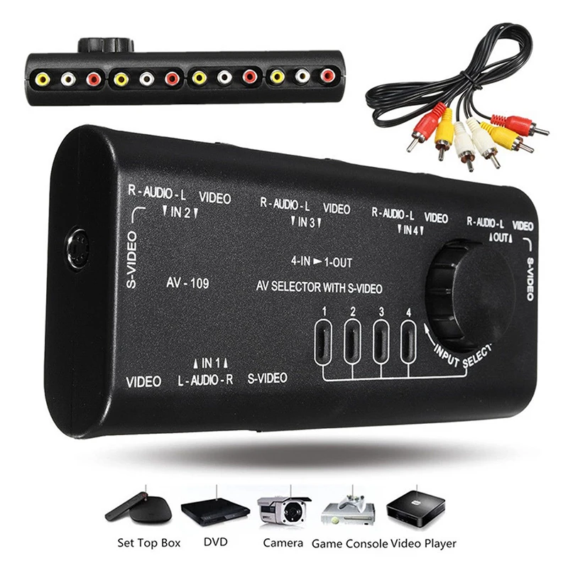 4 Port Input 1 Output Video Audio AV RCA Switch Switcher Selector Box
