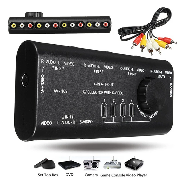 4 Port Input 1 Output Video Audio AV RCA Switch Switcher Selector Box With RCA Cable AV Audio
