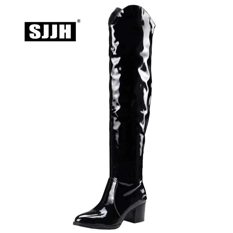 SJJH Women Leopard Over-the-Knee Martin Boots with Point Toe Chunky Short Plush Long Boots Fashion Formal Shoes Large Size Q577