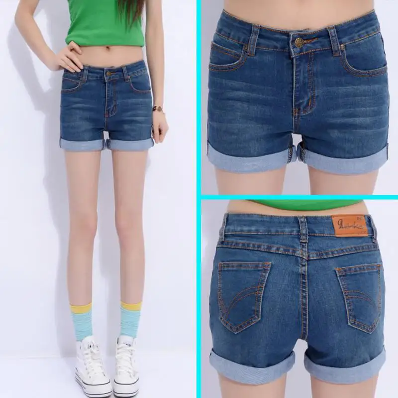 

2017 summer style women's breathable slim denim shorts extra large size(26-40) elastic roll-up shorts women casual jeans