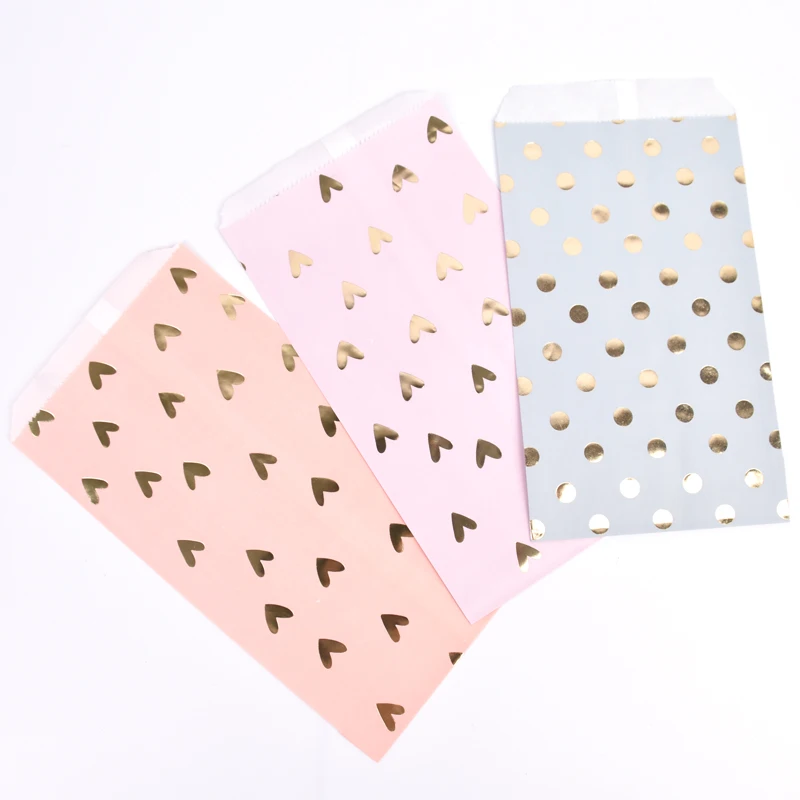 

25pcs Gold Foil Paper Party Favor Bag Soft Color Pink/Blue Macaron Pastel Candy Bag Heart/Dot