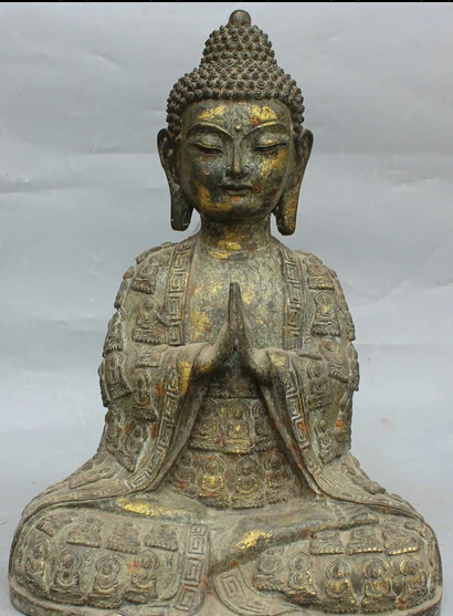 

JP S0524 18" Tibet Buddhism Bronze Seat Shakyamuni Amitabha Buddha Robe Pray Bless Statue
