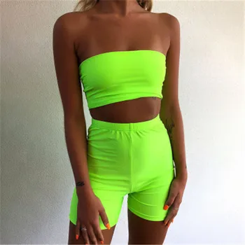 

Women 2Pcs Sets Strapless Crop Top + Bodycon Shorts Summer Holiday Fitness Club Casual Sets Clothing