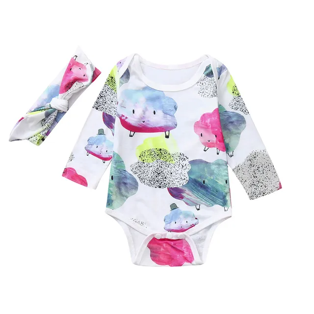 Kids Baby Long Sleeve Cartoon Clouds Print Outfits Clothes Romper+ Hair Strap Two Piece Set Sweet Baby Kids Clothing Set