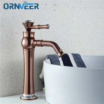 

Free Shipping Luxury Tall Rose Gold Bathroom Faucet Gold Plated Decorated With Diamond Brass Basin Sink Mixer Tap RG-017