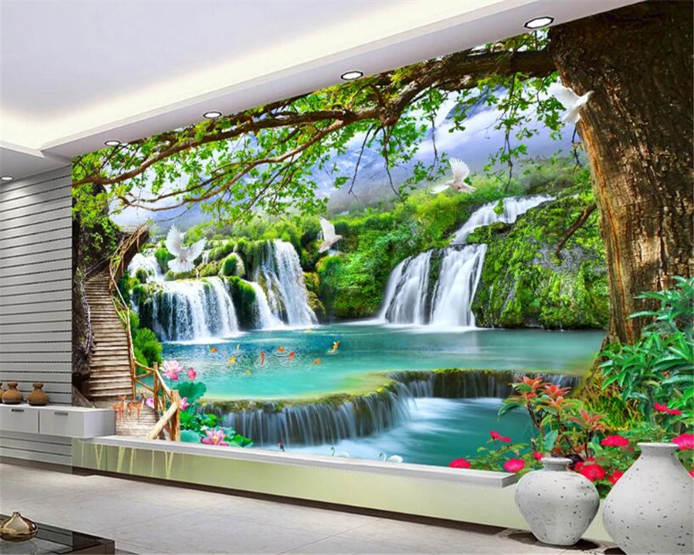 beibehang Simple personality silky three-dimensional wallpaper green tree forest waterfall landscape tooling background behang what are green forest’s songs about