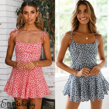 

Women Floral Skater Short Mini Dress Summer Sleeveless Red Blue Holiday Casual Party Cocktail Sundress