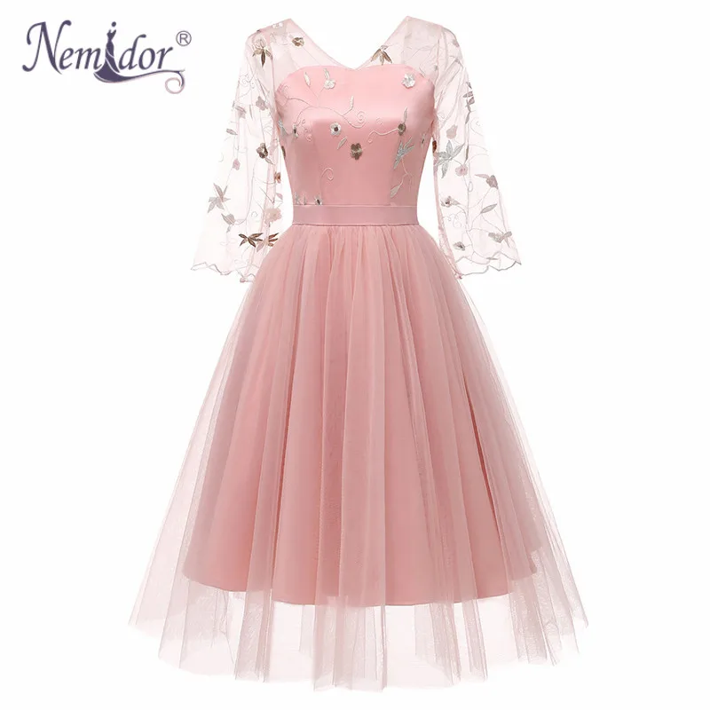 

Nemidor 2019 Women Elegant 3/4 Sleeve Embroidery Sexy Cocktail A-line Dress Vintage V-neck Patchwork Midi Party Mesh Swing Dress