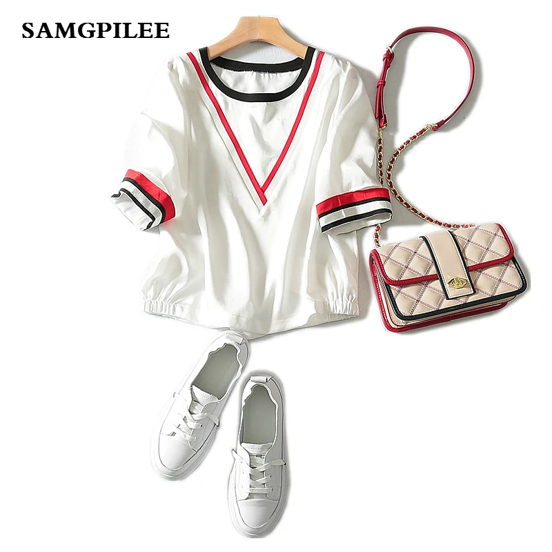 

Special Offer Blusas 2019 New Summer Casual Chiffon Half Sleeve Appliques Striped O-neck Women Blouses & Shirts L-3xl