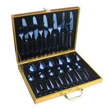 24 Pcs Blue Gold-Plated Stainless Steel Dinnerware Cutlery Set 4-Piece Set For Hotel Rainbow Tableware Box Gift Party Supplies