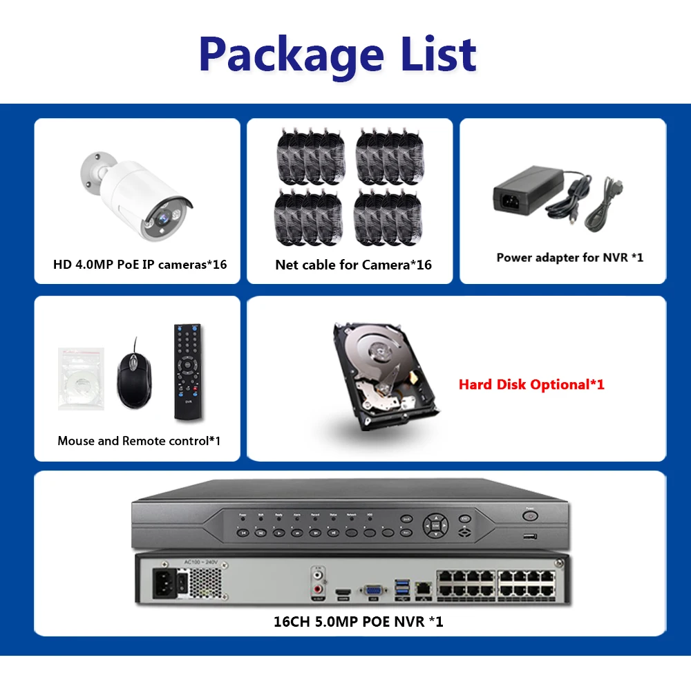  16CH Cámara sistema de seguridad 4K 5MP POE NVR Kit 16 Uds 4.0MP POE IR cámara de circuito cerrado 