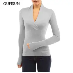 Oufisun осень мода сплошной цвет v-образный вырез пэчворк длинный рукав повседневные рубашки сексуальные топы женская осенняя одежда Блузка 4