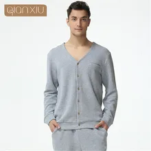Пижама Qianxiu v-образным вырезом с длинным рукавом Хлопок Lounge wear пары пижамный комплект мужчины сон& lounge пара пижамные комплекты Мода