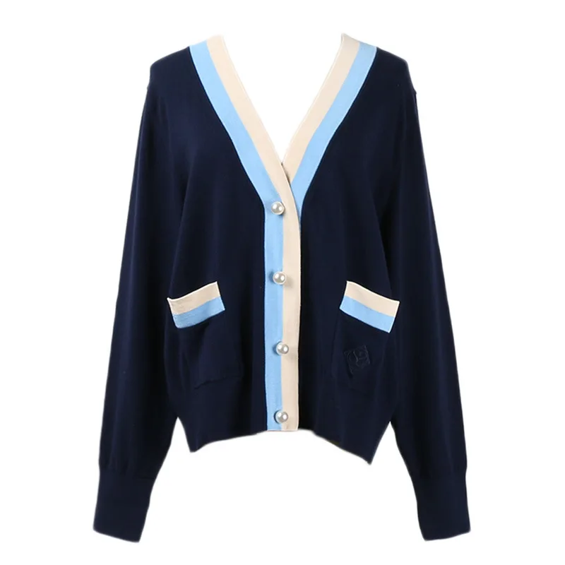 Marine En Tibétain V Cardigan Longues À 2019 Tricot Contraste Tricotée Boucle Perle Manteau Veste Couleur Nouveau De Bleu Printemps Femmes cou Manches UOxUF1