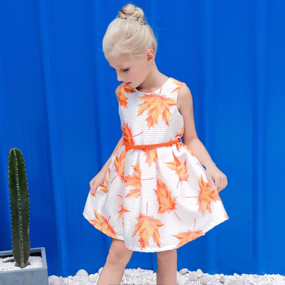 Dress Girls Maple Leaves Printed Children Dress with Belt Toddler Girl