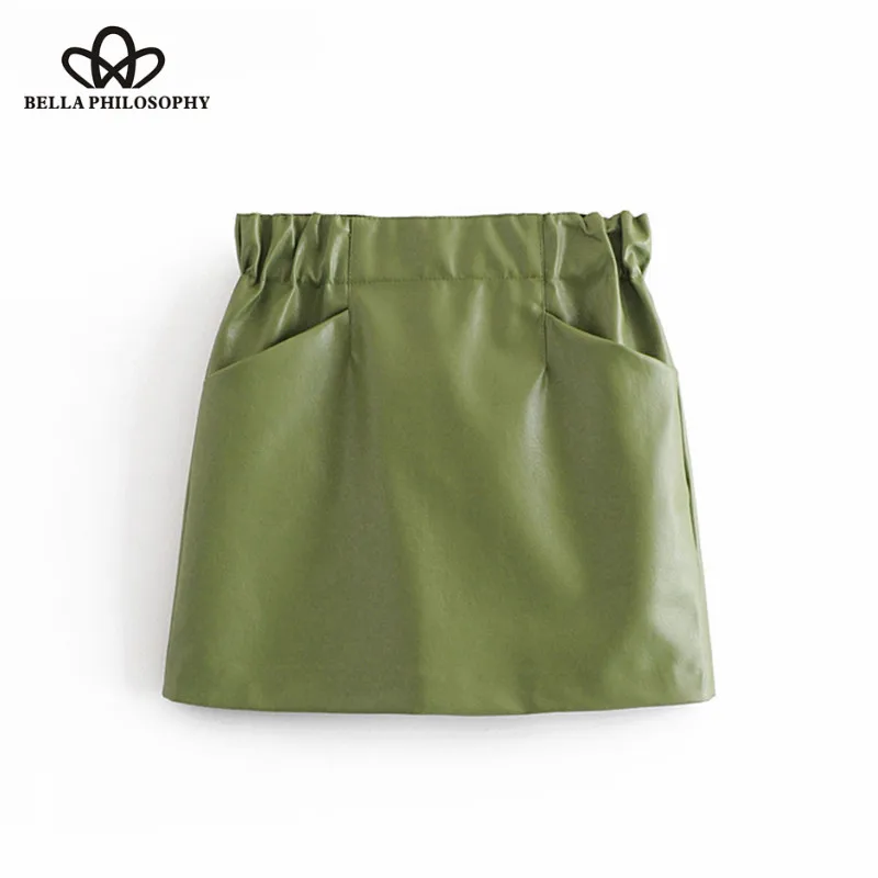 Wonder 2018 new Vintage Stylish Pockets Faux PU Leather Mini Skirts Elastic Waist Streetwear Short Skirt Casual Faldas Mujer