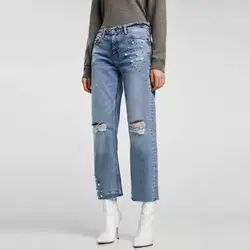 Винтаж синий джинсовые штаны Для женщин осень Лидер продаж джинсы бусы High Street отверстия Тонкий модные штаны прямые Повседневное брюки