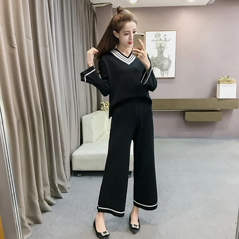 women v neck horn sleeve sweater & wide legged pants suit autumn new ...