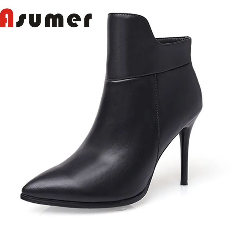

ASUMER NEW 2018 adult ankle boots for women simple solid high heels boots pointed toe thin heels genuine leather shallow boots