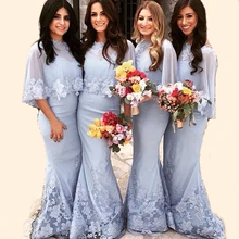 Elegant Light Lavender Mermaid Lace Bridesmaid Dresses 2016 with Shawl Bolero Maid of Honor Gowns Prom vestido madrinha BR65
