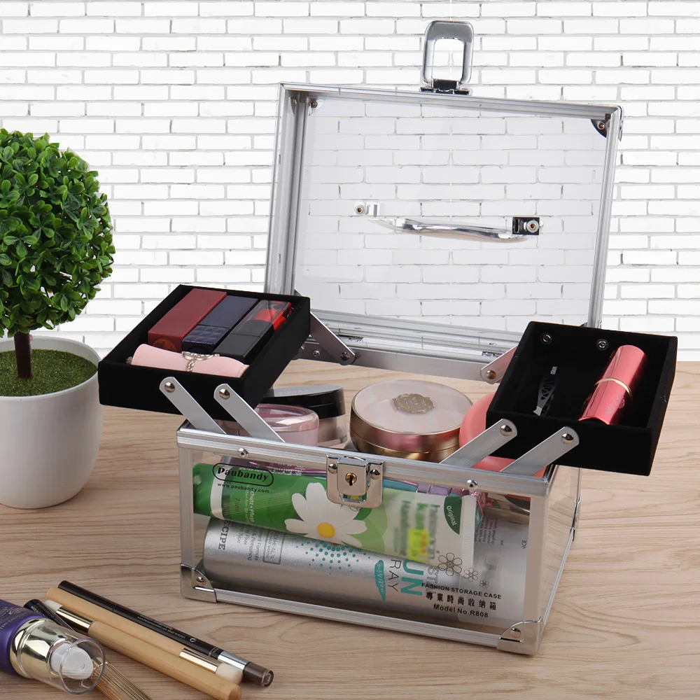 Акриловая коробка для макияжа Органайзер с замком алюминиевый сплав органайзер для макияжа прозрачный серебристый черный косметический Футляр коробка для макияжа прозрачный
