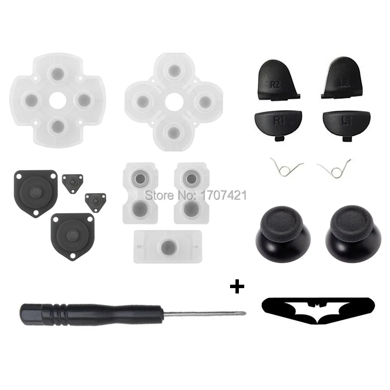 

Custom For Dualshock 4 PS4 Controller L1 R1 L2 R2 Trigger Buttons+2 Springs+2 Thumb Sticks+1 Set Conductive Rubber+1 Open Tool