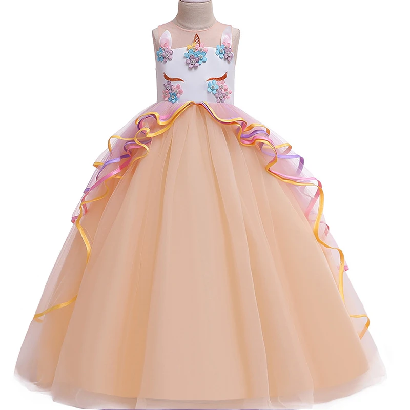 Платье с единорогом для девочек; Детские платья принцессы для девочек; летнее праздничное платье с единорогом; костюм; одежда для детей; платье для девочек; robe fille - Цвет: Champagne